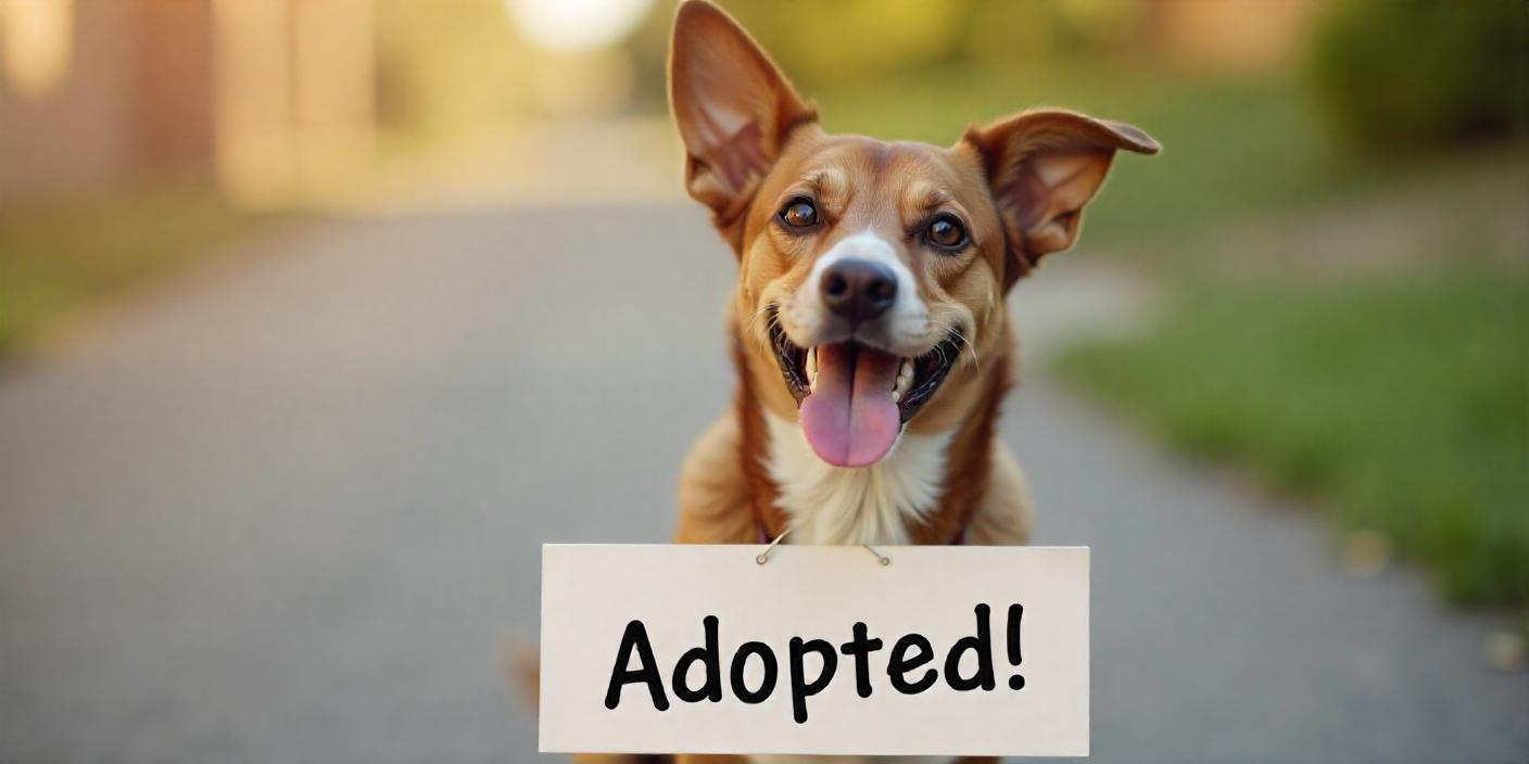 Banner photo of a happy dog with a sign around his neck that says 'Adopted'